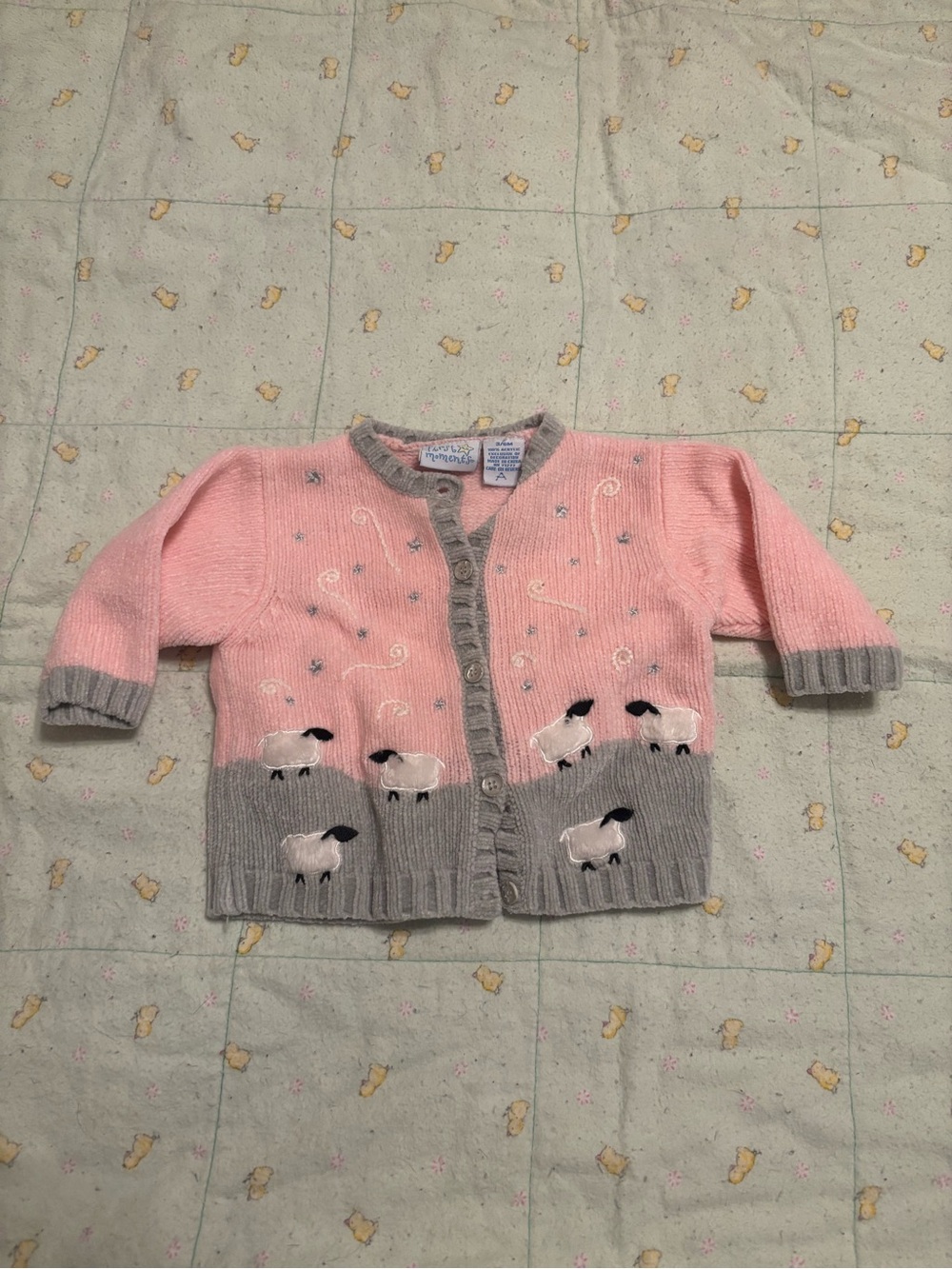 First Impressions Pink and Gray Knit Cardigan with Sheep Appliqués